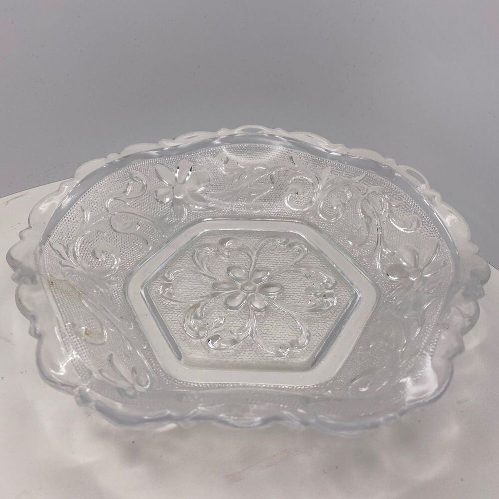 Indiana Glass “Sandwich” Clear Hexagonal Floral Bowl — Vintage Pressed Glass
